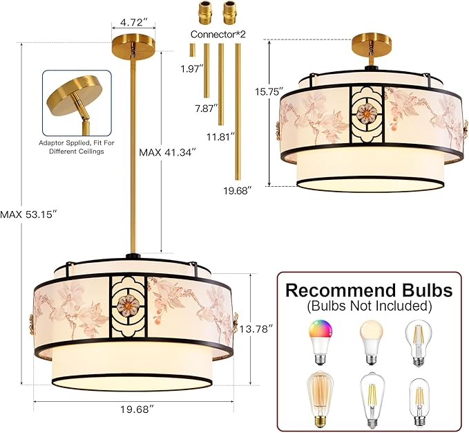 A 19.6-inch black and white drum-shaped Bohemian-style chandelier, featuring a simple fabric surface treatment, is suitable for bedrooms, study rooms, dining rooms, living rooms, and kitchen islands.