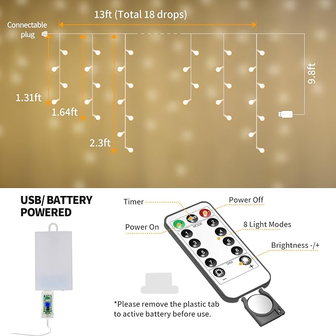 YOLIGHT Fairy Curtain Lights, USB/Battery Powered Ball Icicle Light 13ft 96 LED Globe String Hanging Lights for Bedroom Dorm Wedding Party Christmas Decoration (Warm White (Remote))