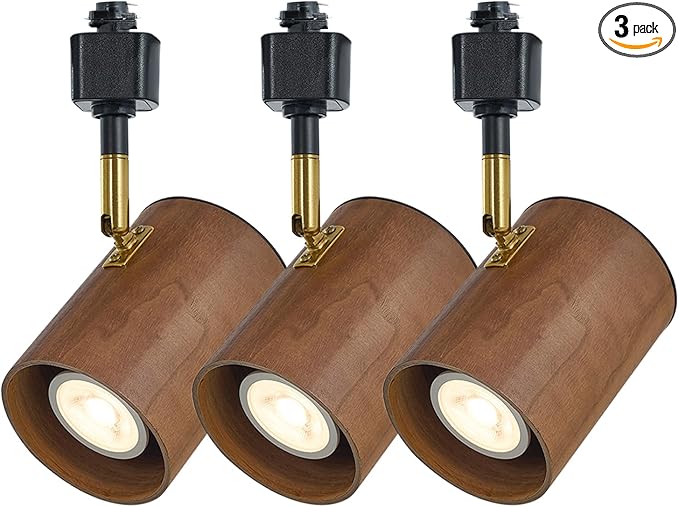 Modern H Type Track Lighting, Adjustable Black Finish and Real Dark Wood Lampshade Spotlight Heads, Brass Swivel Item Kit, for Accent Retail-Pack of 3