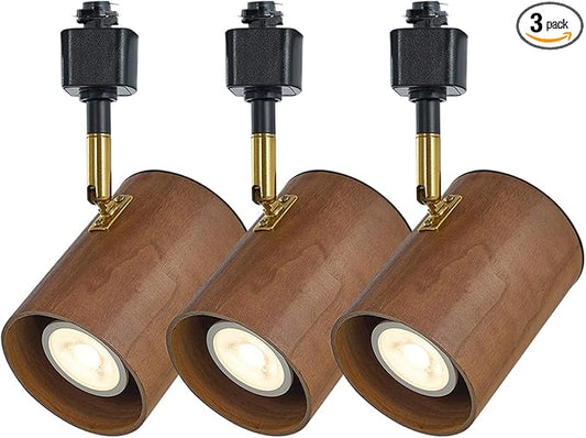 Modern H Type Track Lighting, Adjustable Black Finish and Real Dark Wood Lampshade Spotlight Heads, Brass Swivel Item Kit, for Accent Retail-Pack of 3
