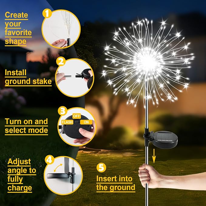 Solar Garden Lights Outdoor, 6 Pack 120 LED Twinkling Firework Lights Decorative with 2 Modes, Outdoor Waterproof Solar Starburst Light for Yard Pathway Planter Patio Decor, White