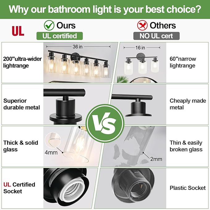 Zarbitta 6-Light Bathroom Light Fixtures, Black Modern Vanity Lights with Clear Glass Shade, Bathroom Wall Lamp for Mirror Kitchen Living Room Hallway Cabinet Porch
