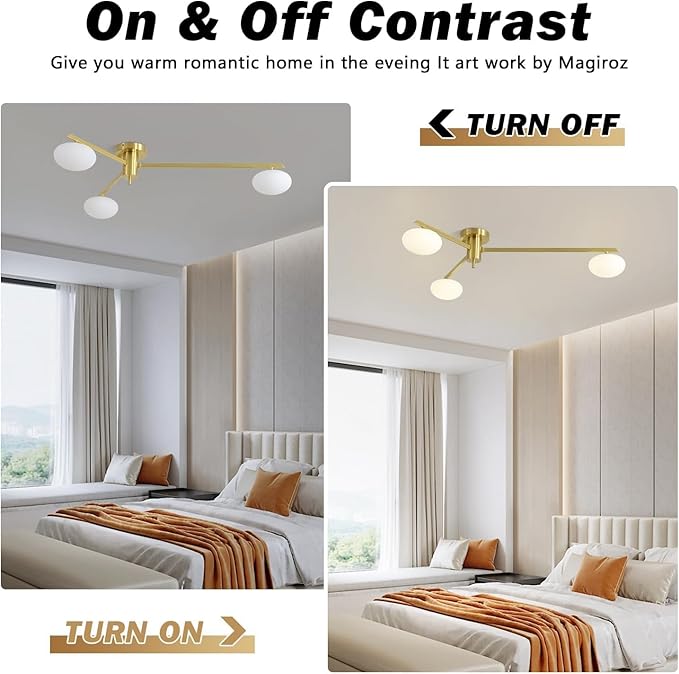3-Light Flush Mount Sputnik Ceiling Light Fixture,Gold Brass Chandelier Mid Century Modern,Family Dining Table Lighting,Bedroom Kitchen Island Living Room MCL03-GD
