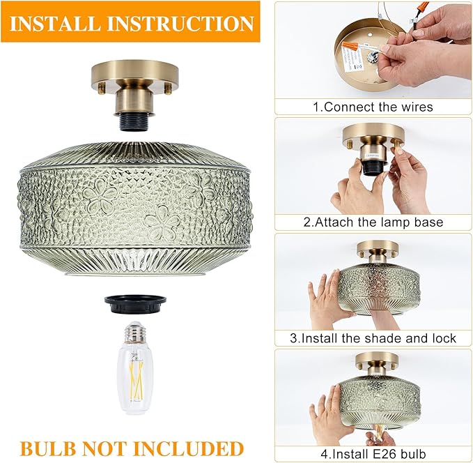 Semi Flush Mount Ceiling Light, 9 Inch Modern Small Ceiling Light Fixture with Green Thickened Glass & Stone Floral Pattern, Bronze Base for Hallway Kitchen Bedroom Hotel Cafe