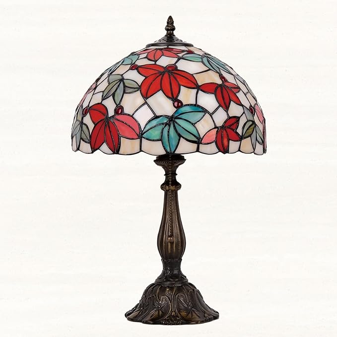 Tiffany Style Stained Glass Table Lamp, Maple Leaf Desk Light with Antique Bronze Resin Base, Multicolor Reading Lighting for Bedroom, Living Room, Office 12”X12“X19 (Maple-White)