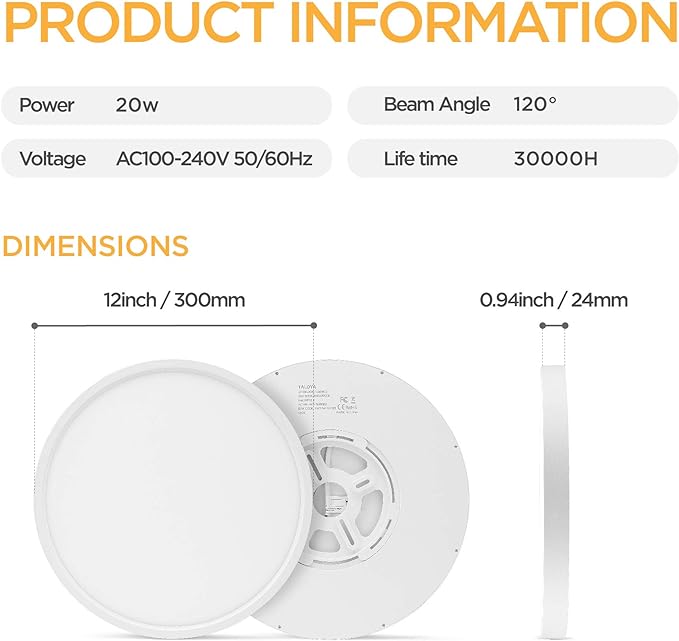 TALOYA 2 Pack 12 Inch LED Flush Mount Ceiling Light Fixture for Living Room Basement Closet Hallway Laundry Room Porch,20W Equivs to 200W 3000k/3500K/4000k/5000K/6500k