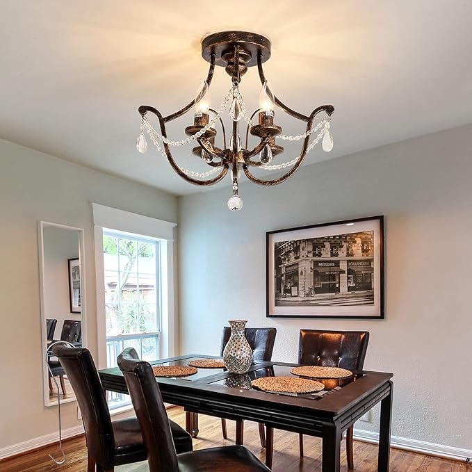 UOFUS Vintage Semi Flush Mount Crystal Chandelier Oil Rubbed Bronze 4-Light Small Metal Ceiling Light Fixture Farmhouse Ceiling Lamp for Foyer Kitchen Entryway Hallway Bathroom Bedroom Dining Room