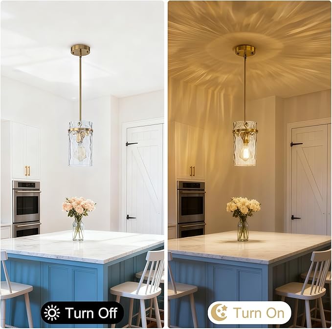 2 Pack 5.5" Brass Hammered Glass Pendant Light, Brushed Gold Island Pendant Lights Adjustable Mdern Pendant Light Fixtures Dining Room Farmhouse Chandelier Pendant Kitchen Lighting