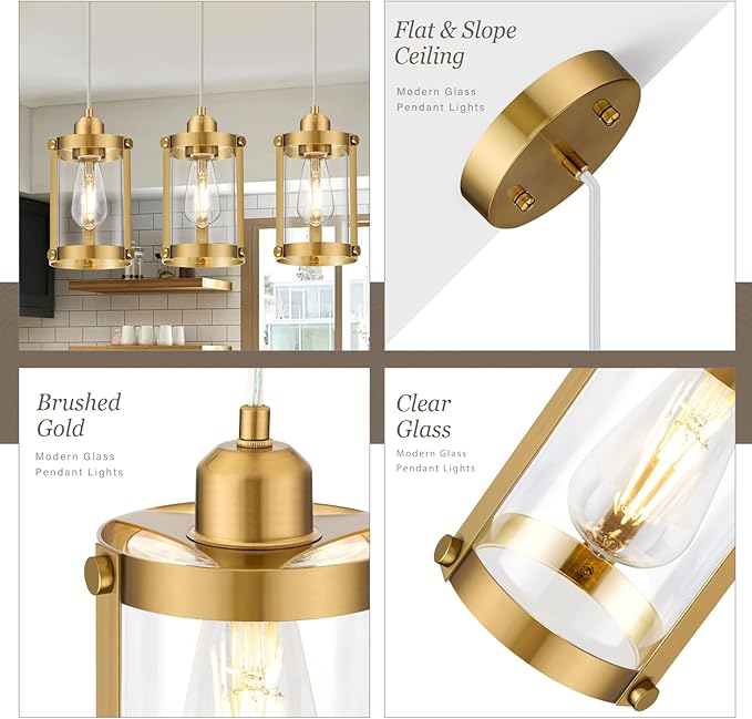 Brushed Gold Pendant Lights Kitchen Island 3 Pack, Modern Kitchen Pendant Lighting Over Island with Clear Glass, Farmhouse Brass Mini Hanging Light for Kitchen Sink Dining Room, OS-3014-3PBGC