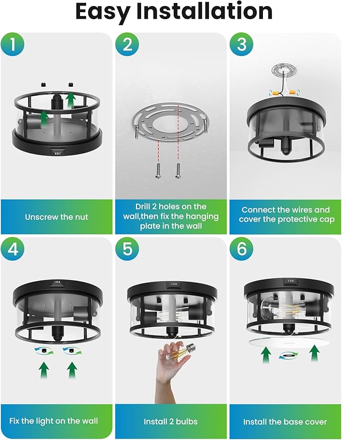 Outdoor Flush Mount Ceiling Light - 12.5in Motion Sensor Porch Light, 2-Light E26 Socket, Durable Iron & Clear Glass, Light Fixtures for Porch, Driveway, Covered Patio, Farmhouse
