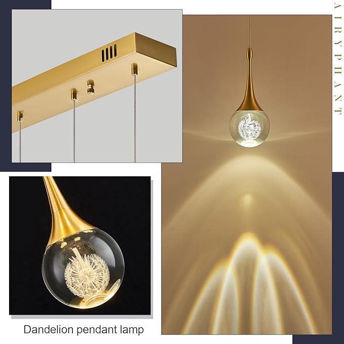 5 Lights Rectangular Gold Crystal Pendant Lights for Kitchen Island Remote Control Dimmable Light Modern Teardrop Chandeliers Lighting Fixtures for Dining Room Living Room