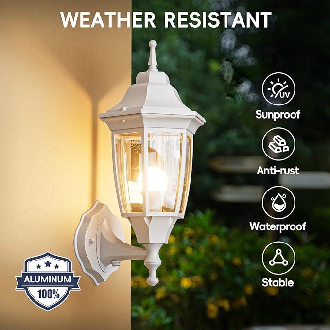 EMART Dusk to Dawn Outdoor Porch Light, Exterior Anti-Corrosion, Waterproof Aluminum & Glass Shades Wall Lamp Fixture, Modern Sconce Lantern for Yard, House, Garage - 1 Pack, White （Bulb Included）