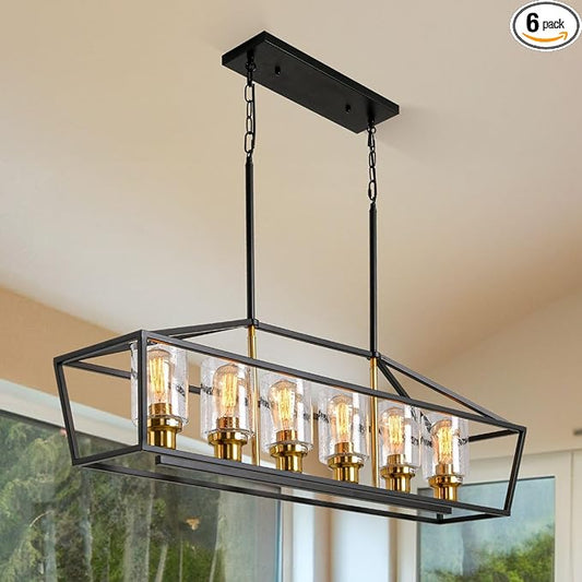 Black Kitchen Island Lighting, 6-Light Modern Farmhouse Dining Room Light Fixtures Over Table, Rectangle Linear Chandelier with Bubble Seeded Glass Shade and Brushed Brass Socket