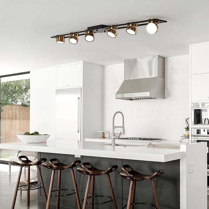 Garwarm Modern Ceiling Light Track Lighting Fixtures, 48.4 Inch Dimmable LED Kitchen Ceiling Light with Remote 6-Light Black LED Chandelier for Dining Room Bedroom