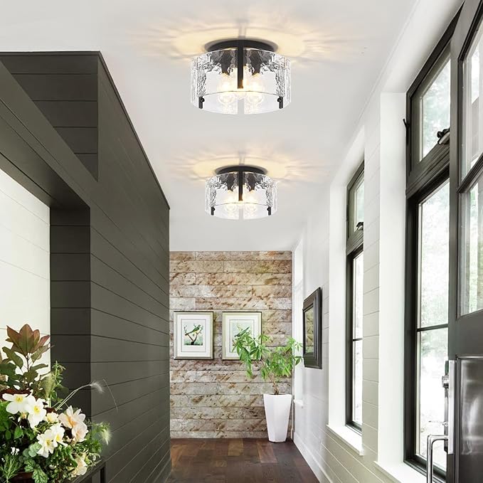 15'' Modern Black Semi Flush Mount Ceiling Light, Hallway Light Fixtures, 3-Light Glass Ceiling Lights for Entryway Kitchen Island Dining Room Foyer Bedroom Laundry Room Bathroom Lighting Fixtures