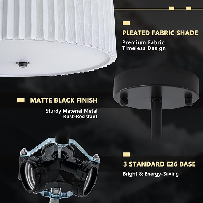 Bargeni 16.5 Inch Semi Flush Mount Ceiling Light,3 Light Modern Black Ceiling Light Fixture with Pleated Fabric Shade,Flush Mount Light Fixture for Bedroom,Living Room,Hallway,Dining Room