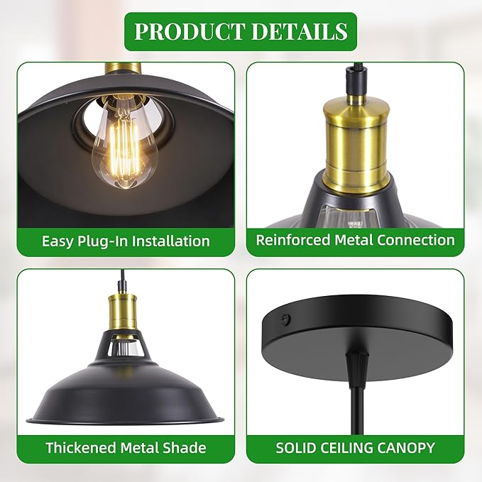 3 Light Pendant Lighting, Farmhouse Hanging Light Fixture for Kitchen Island & Dining Room, Industrial Vintage Ceiling Lamp with E26 Base, Adjustable Height, Black and Gold with Metal Shade