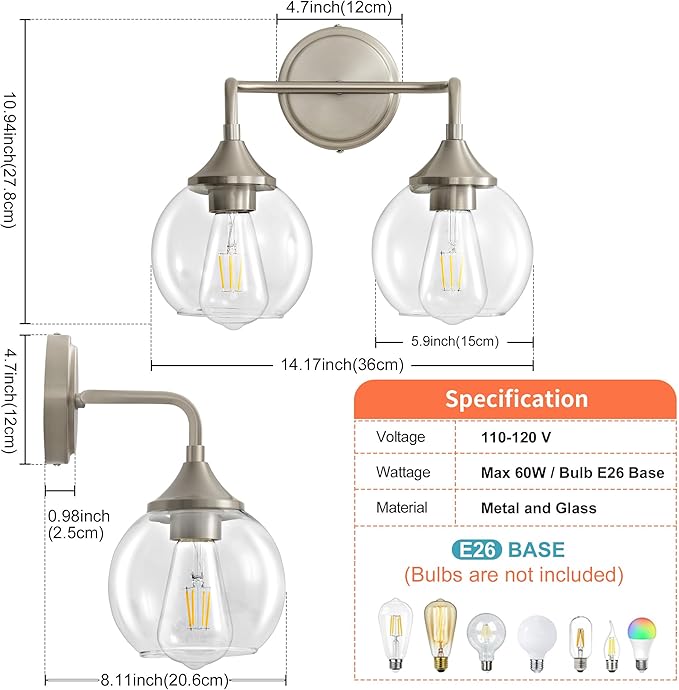 Bathroom Vanity Light with Clear Glass Shade, E26 Base, 2-Light Bathroom Light Fixtures Over Mirror, 14 Inch Vanity Lights for Bathroom (Exclude E26 Bulb) - Brushed Nickel