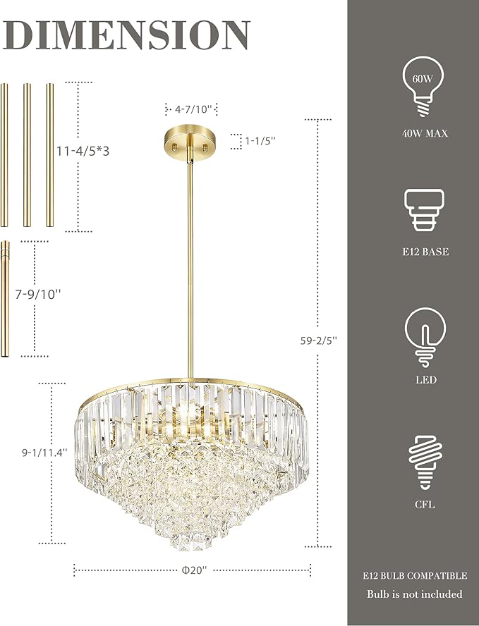20'' Gold Crystal Chandelier,7-Tier Vintage Hanging lamp, Chandeliers for Dining Room Kitchen Island Bedroom Entryway, CC4215-7W-PG