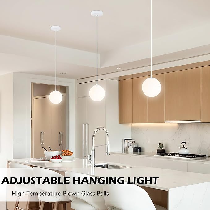 KoKo&Yukina 6 Inch Globe Pendant Light White Globe Pendant Lights Kitchen Island Mid Century Light Fixture with Milky White Glass Shade for Dining Room (2 Pack)