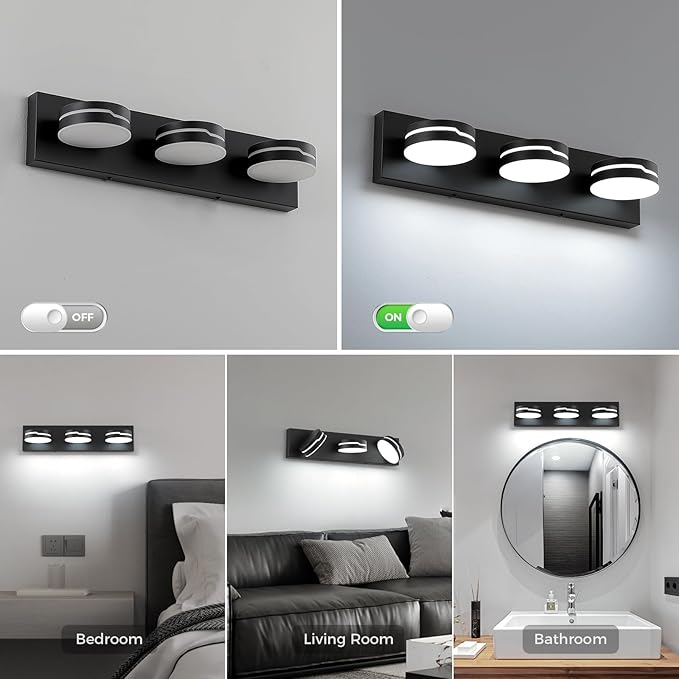 Vanity Lights for Bathroom, Matte Black Bathroom Light Fixtures Over Mirror, 3-Light Modern LED Wall Sconce Makeup Lighting, 350° Rotatable, Dimmable 6000K Cool White, Hardwired
