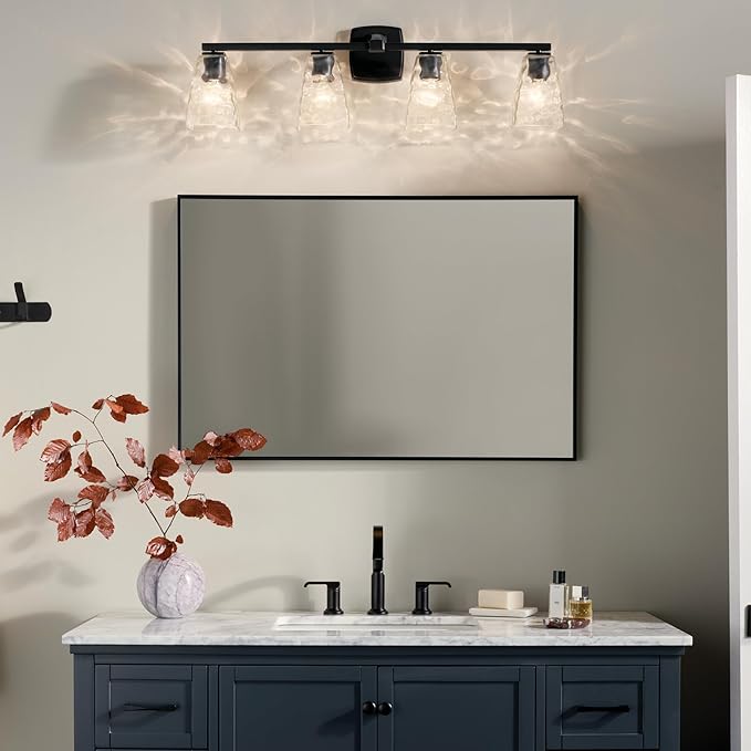 Kichler Marant 4-Light Bathroom Vanity Light Fixture with Clear Water Glass in Black, Modern Wall Mount Over Mirror Lighting for Powder Room (33.25" x 9.5" x 6.75"), 55217BKWTR