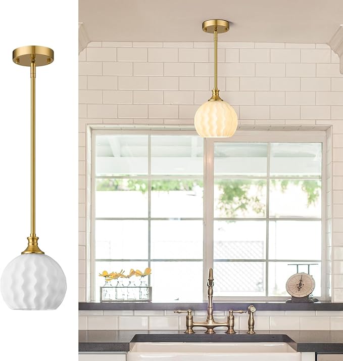 Brushed Gold Pendant Lights Kitchen Island, 7.3" Modern Milk Glass Pendant Light Fixtures with Rods, Adjustable Height Hanging Lighting for Kitchen Sink Bathroom Dining Room