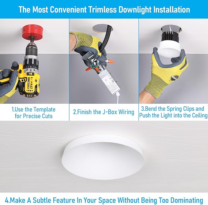 TORCHSTAR 5CCT Trimless 3 Inch LED Recessed Light, 12W Canless Dimmable LED Downlights with J-Box, Anti-Glare Semi-Recessed Downlight, 2700K/3000K/4000K/4500K/6500K Selectable, CRI 90, Pack of 2