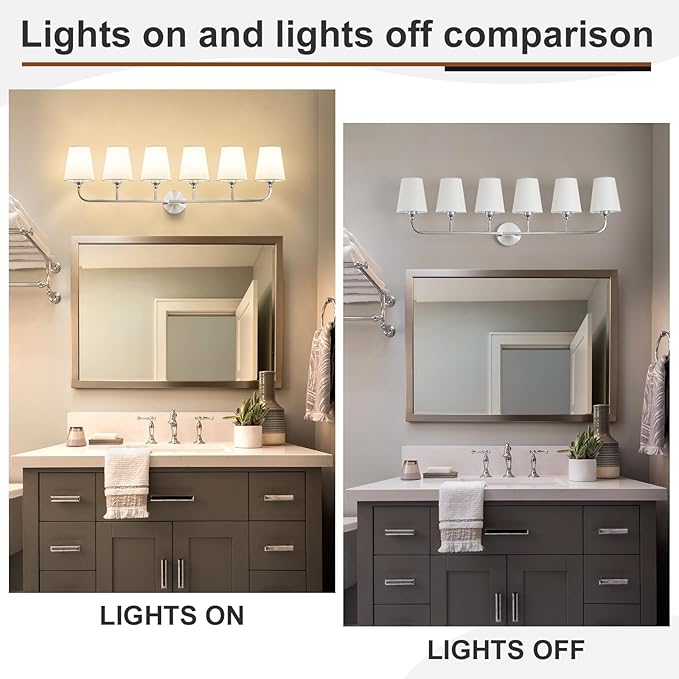 Bathroom Vanity Light, Brushed Nickel Bathroom Light Fixtures, 6-Light Lighting Fixtures Over Mirror, Modern Wall Sconce with Flared White Fabric Shade, E26 Socket(ETL Listed)