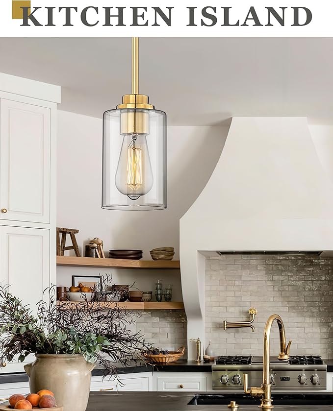 Pendant Lights Kitchen Island, Farmhouse Gold Pendant Lighting with Clear Glass Shade, Kitchen Pendant Lighting Over Island for Dining Room Entryway, AD-22281-1P-GD-C
