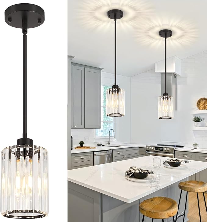 2 Pack Black Pendant Lights Kitchen Island, Modern Crystal Kitchen Pendant Lighting Over Island Dining Room Light Fixtures Adjustable Hanging Pendant Light for Bathroom Hallway Entryway Foyer Bedroom