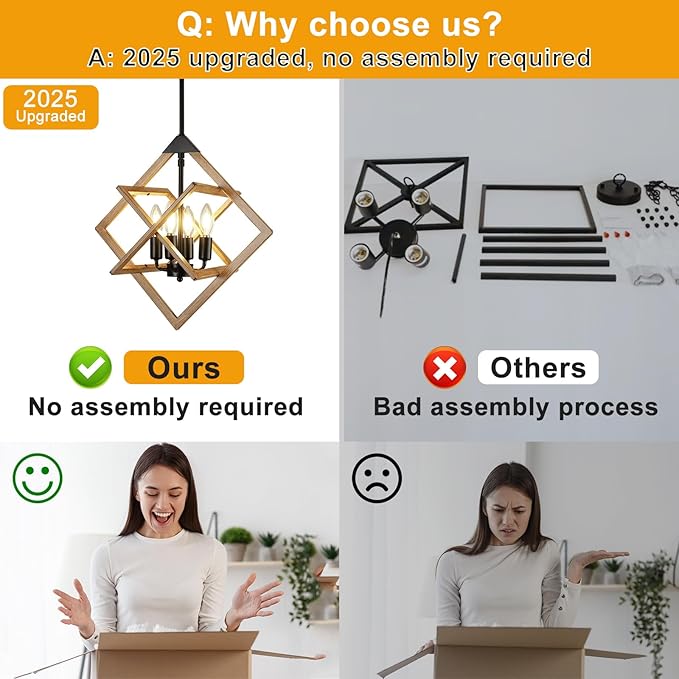 18" Modern Pendant Lights Kitchen Island, 4-Light Black + Wood Grain Farmhouse Pendant Light Fixtures, Industrial Hanging Pendant Lights Fixture for Kitchen Island Dining Room Hallway Foyer Entryway