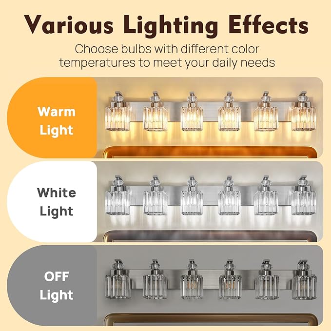 Modern Bathroom Vanity Light, 6-Light Nickel Bathroom Lighting Fixtures Over Mirror, 44.1" Crystal Wall Light Sconce for Bathroom/Bedroom/Vanity, Includes LED Bulbs, Easy Installation