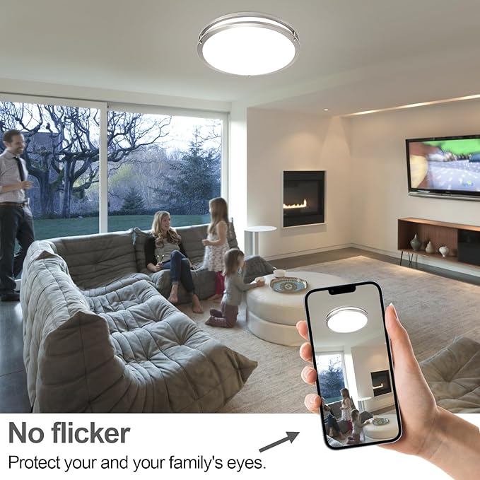 OOWOLF 16inch 48W LED Flush Mount Ceiling Light Fixture Dimmable, 5CCT Super Bright Brushed Nickel Ceiling Light 4800LM Warm/White 480W Equivalent, 3000K/ 3500K/ 4000K/ 5000K/ 6000K Ceiling Lamp