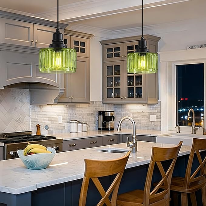 Green Pendant Lights Kitchen Island, Vintage Pendant Light Fixtures with 7" Clear Glass Shade, Farmhouse Hanging Lights for Kitchen, Bathroom, Bedroom, Dining Room, 2 Pack