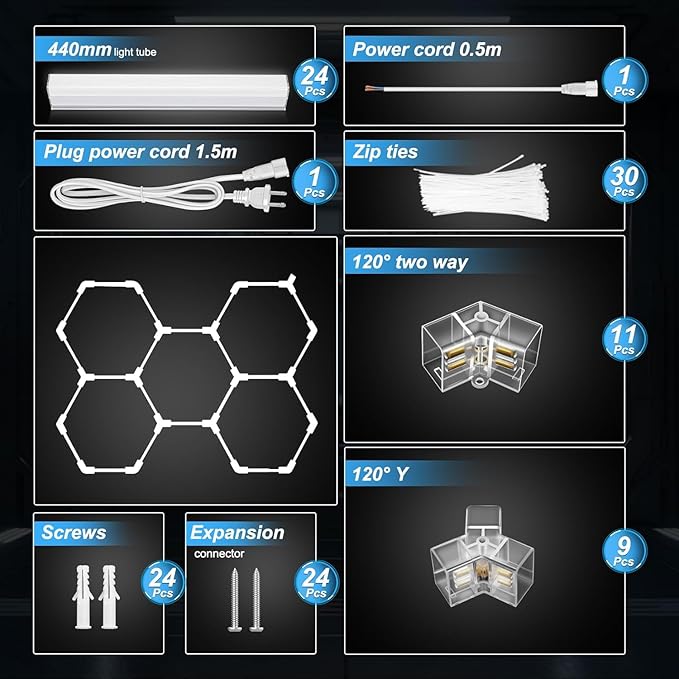 FERUERW Hexagon Garage Lights 5 Grid, 3 Color Temperature(2700/4300/6500K) Dimmable, 5 Hex Grid for Garage, Shop, Basement, Car Detailing Shop etc. with Mounting Clip