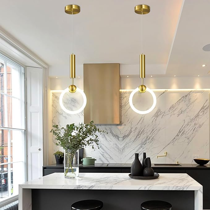 Modern LED Pendant Light Fixtures, Simplicity Gold Pendant Lighting,Circular Hanging Chandelier for Kitchen Island Dining Room Bedroom Entryway Hallway(Gold-2-Pack)