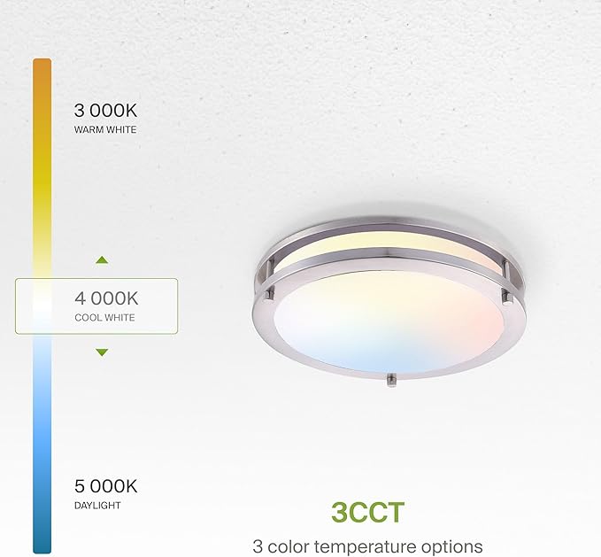 ASD LED 12" Round Flush Mount Lighting, Close to Ceiling Light Fixture | 3CCT, Dimmable, Energy Star, ETL Listed | 20W 1580LM 3000-5000K 100-277V | Low Profile Double Ring Lamp | Nickel, 4 Pack