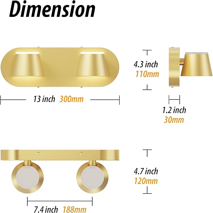 URSOLA 2 Light Bathroom Vanity Light, LED Gold Wall Light Fixtures, Up and Down Rotatable Dimmable, 13 inch Bathroom Lighting Fixtures Over Mirror