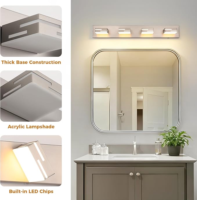 4-Light 5CCT Modern Bathroom Vanity Light Fixtures, 30-Inch 350° Rotatable LED Vanity Lights Over Mirror, Dimmable Brushed Nickel Wall Sconce with Frosted Acrylic Shade