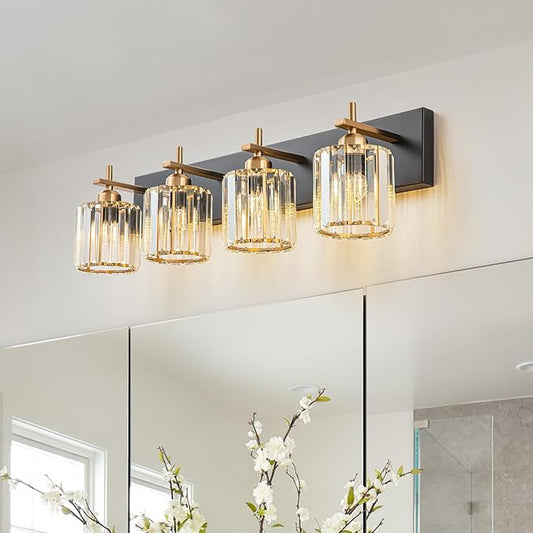 Black Gold Crystal Bathroom Vanity Light, Modern 4-Lights Bathroom Light Fixtures Over Mirror, Crystal Wall Lighting with Polished Gold Finish