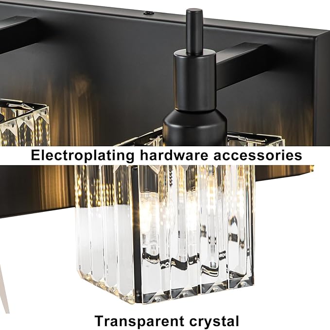 Black Crystal Bathroom Vanity Light 3-Light Modern Bathroom Lighting Fixtures Over Mirror, Black Wall Sconce Light Fixtures with Square Shade