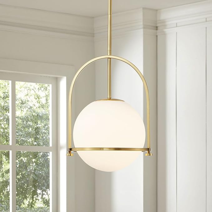 youngrender Modern Gold Schoolhouse Pendant Light Fixture, 6" Gold Globe Pendant Lighting with Hanging Adjustable Height, One Light Milk Glass Chandelier for Kitchen Island Dining Room Hallway