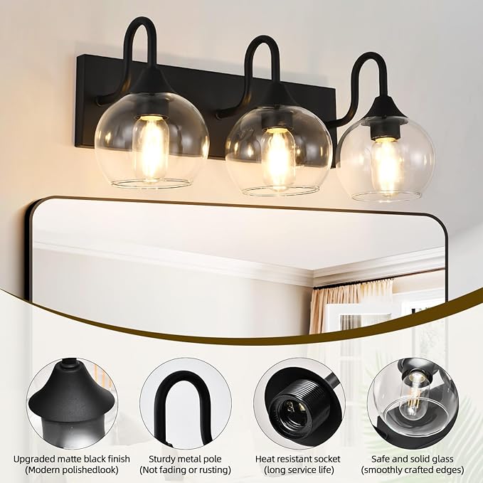 Bathroom Light Fixtures, 3-Light Matte Black Vanity Light Over Mirror, Modern Wall Sconces 21" with Clear Glass Globe Shade, Bathroom Wall Lights for Mirror Kitchen Bedroom Hallway