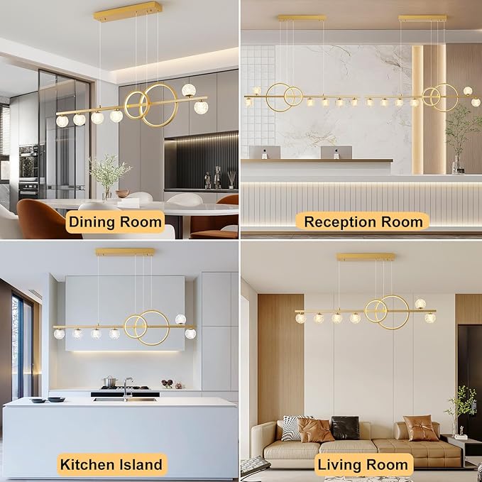 ORANOOR Modern Gold Chandeliers for Dining Room, 47in Dimmable LED Chandelier Linear Gold Pendant Light for Kitchen Island, Upgraded 6 Globe Hanging Pendant Chandelier Lighting (2 Rings, 4200lm)