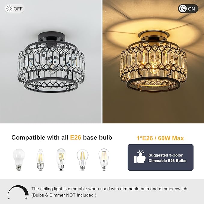 Modern Black Crystal Flush Mount Ceiling Light with LED Bulb (50% Brighter) – 11.4" Dimmable Chandelier for Dining Room, Bedroom – Reinforced Iron Frame & K9 Crystals – Easy Install