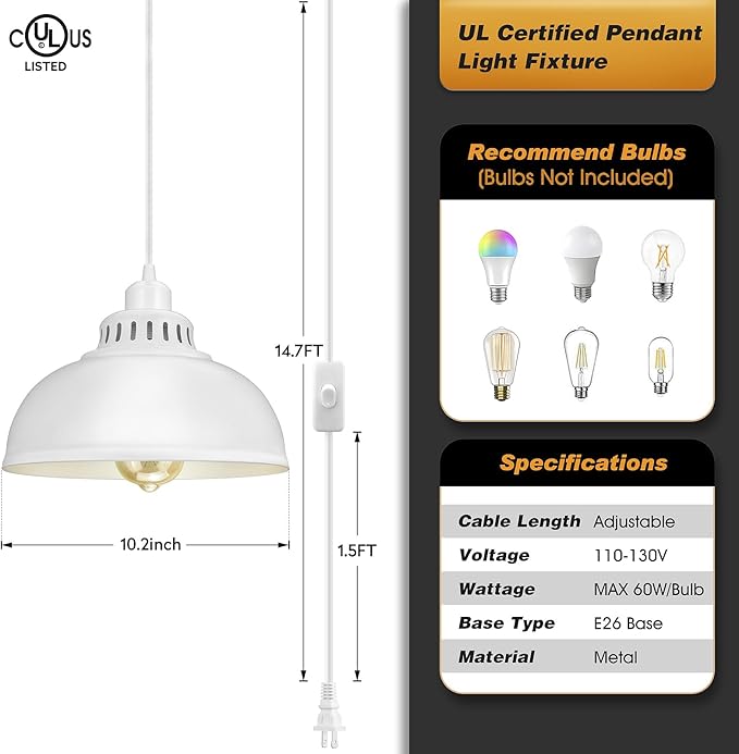 Plug in Pendant Light, 15FT Hanging Lights with Plug in Cord, On/Off Switch, Industrial Pendant Light with Plug in Cord, Metal Hanging Lamps for Living Room, Kitchen Big White