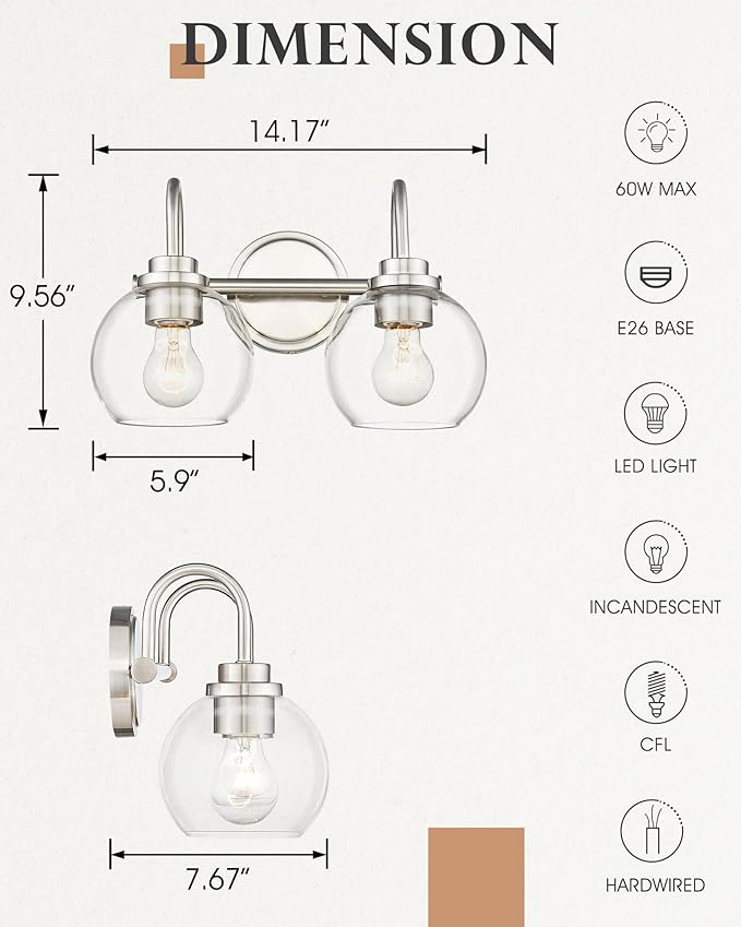 2-Light Bathroom Light Fixtures, Brushed Nickel Vanity Light with Globe Clear Glass Shade, Modern Vanity Lighting Fixtures Over Mirror, AD-22280-2W-SN