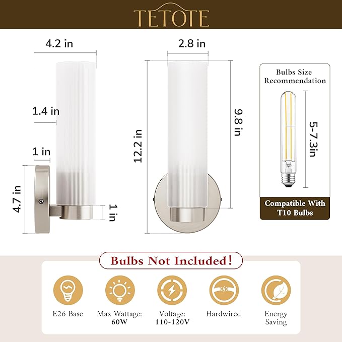 TETOTE Brushed Nickel Wall Sconce Modern Bathroom Wall Light Fixtures Farmhouse Wall Lights with Frosted Glass Shade for Mirror Bedroom Living Room