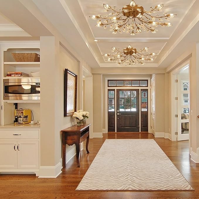 Modern Crystal Ceiling Light Fixture,Gold Semi Flush Mount Chandeliers,Crystal Leaf Ceiling Lighting,Pendent Lamp for Dining Room,Living Room,Bedroom